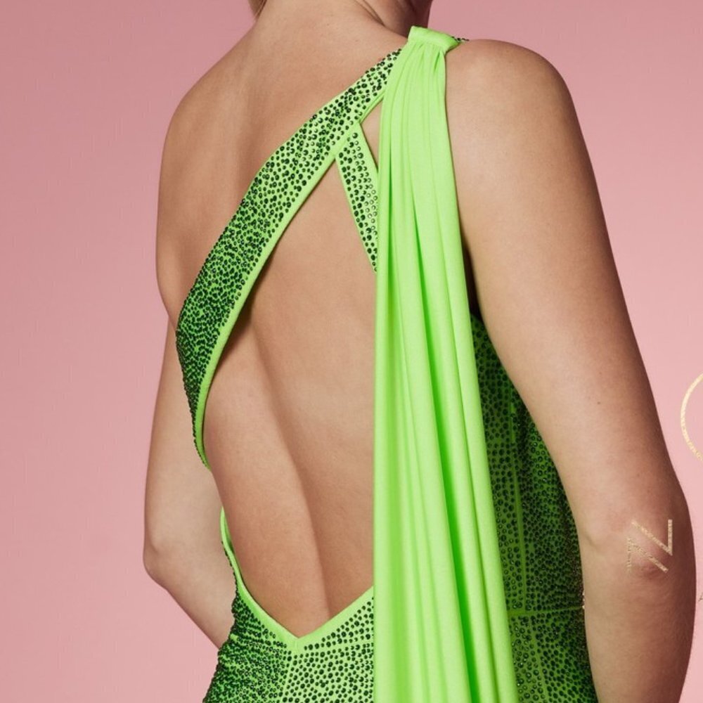 NEW LONG ONE SHOULDER SLEEVELESS EMBROIDERED RHINESTONE DRESS WITH CAPE NX E1039 - Picture 7 of 9